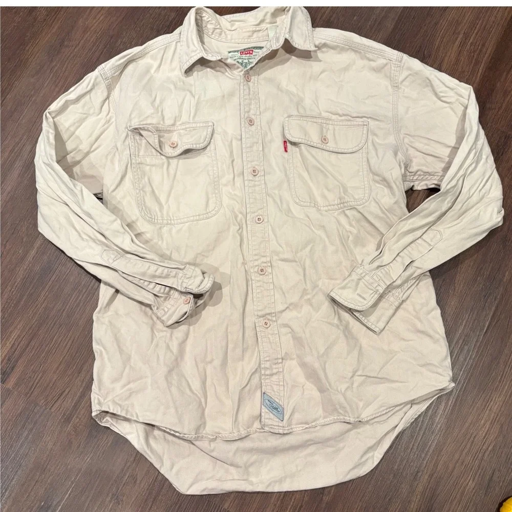 Levis Mens Tan Cotton Button Down Shirt VTG Gorpcore Workwear Utility L 60563